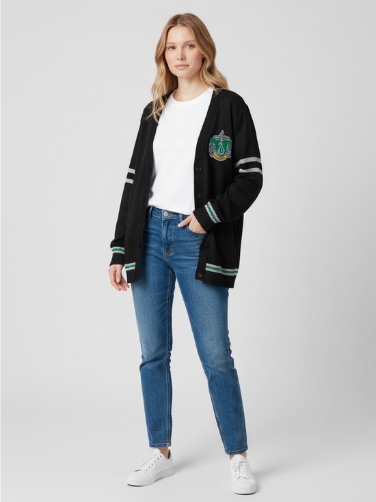 Wizarding World Of Harry Potter Sweaters - Black Button-Front Cardigan with Green Crest Detail - Women's